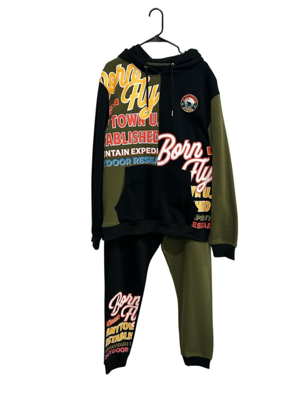 Born Fly 2XL Mens Hoodie Jogger Set Black Green Colorblock Graphic Retro